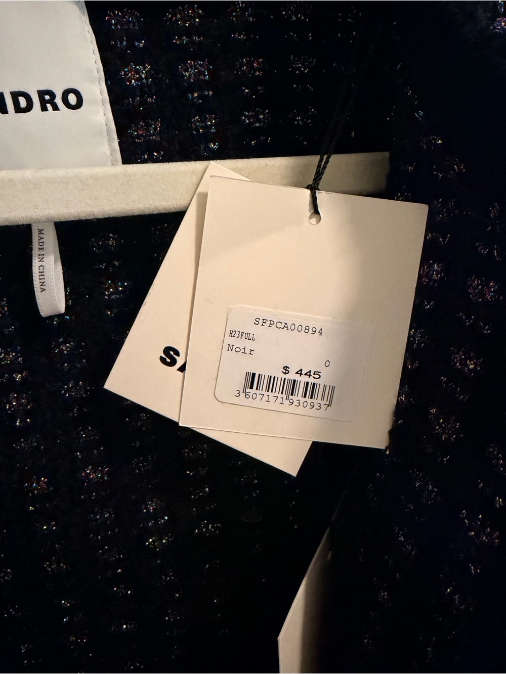 NWT Sandro Black Tweed Cropped Button Jacket with Subtle Color Check - Picture 3 of 4